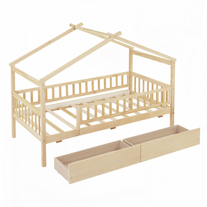 Lit en bois avec deux tiroirs, Simple, Naturel