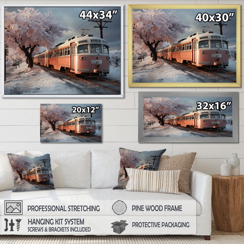 «Orange Train Charm In Winter», reproduction sur toile, Cadre photo noir, H 24 po x l 32 po x P 1 po