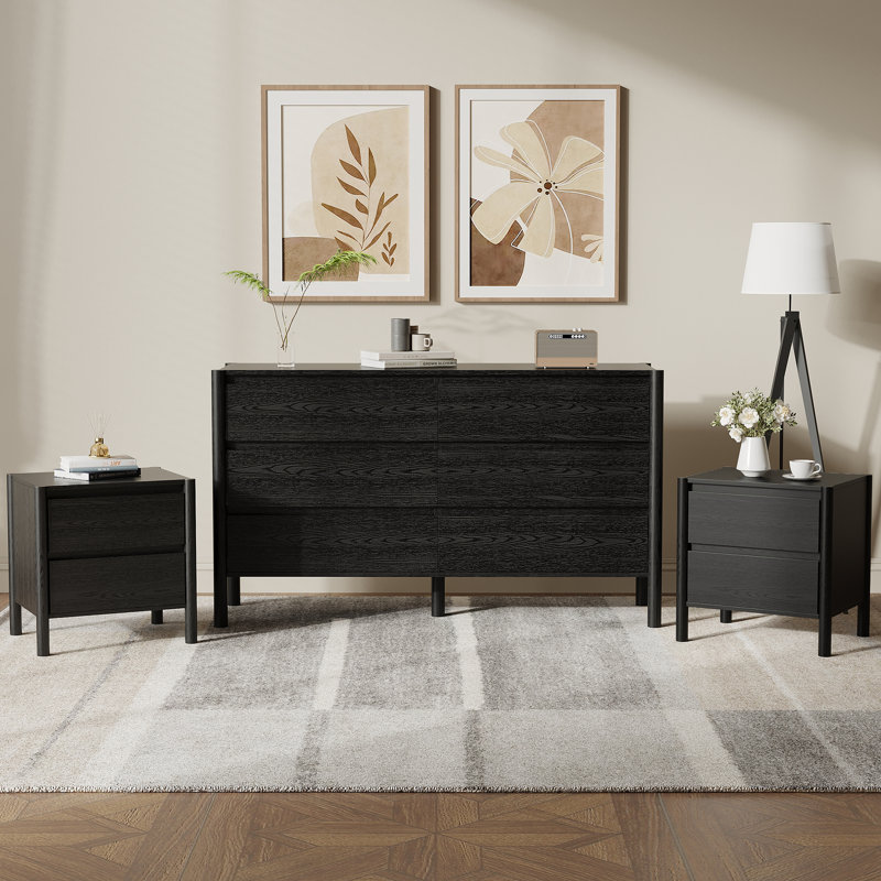 Hingham 3 Piece Bedroom Set，6-Drawer 3 Piece Bedroom Set，6-Drawer Dresser And 2 Nightstands,Black, Black