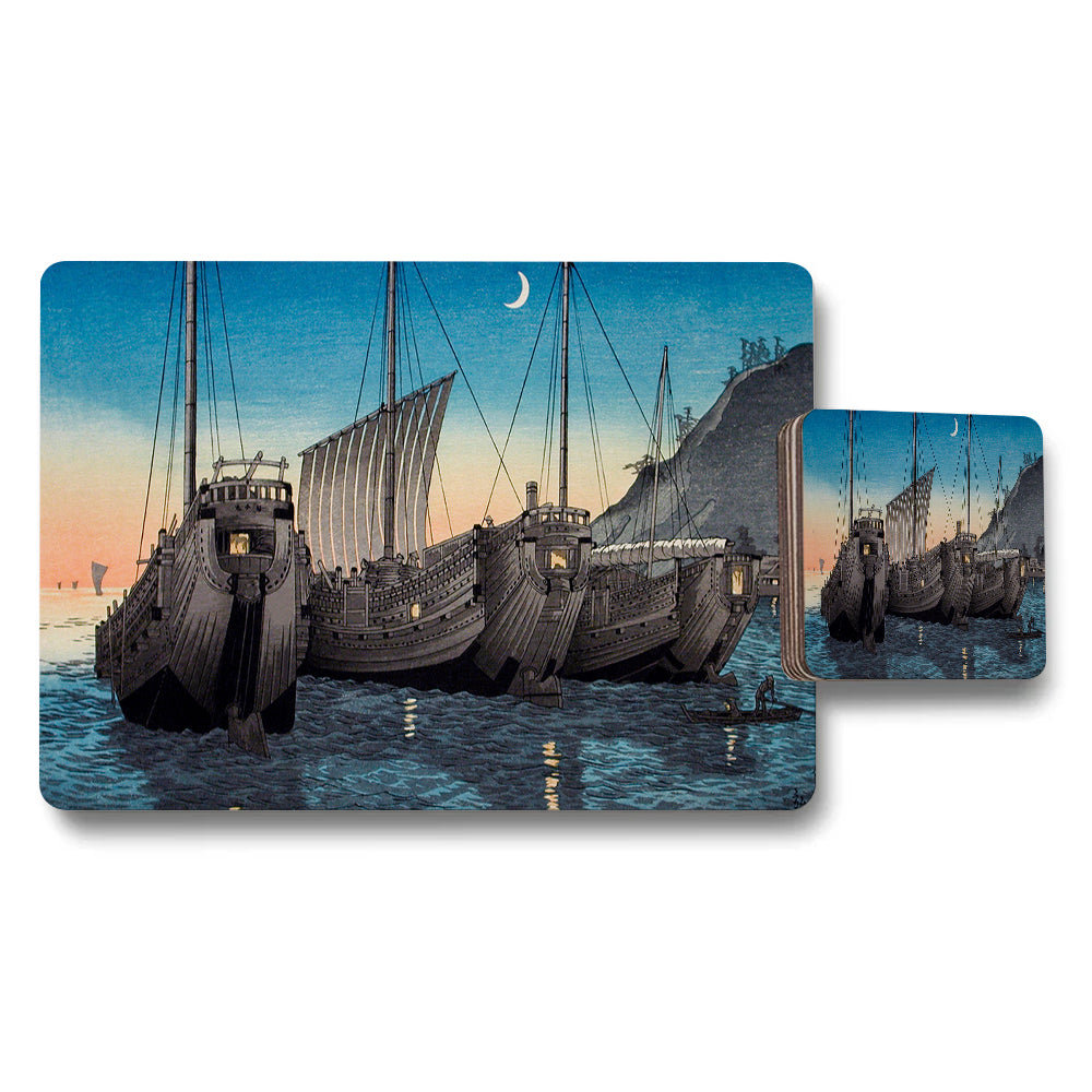 Maritime Ship Scene Placemat And Coaster Set With Moonlit Harbor Artwork