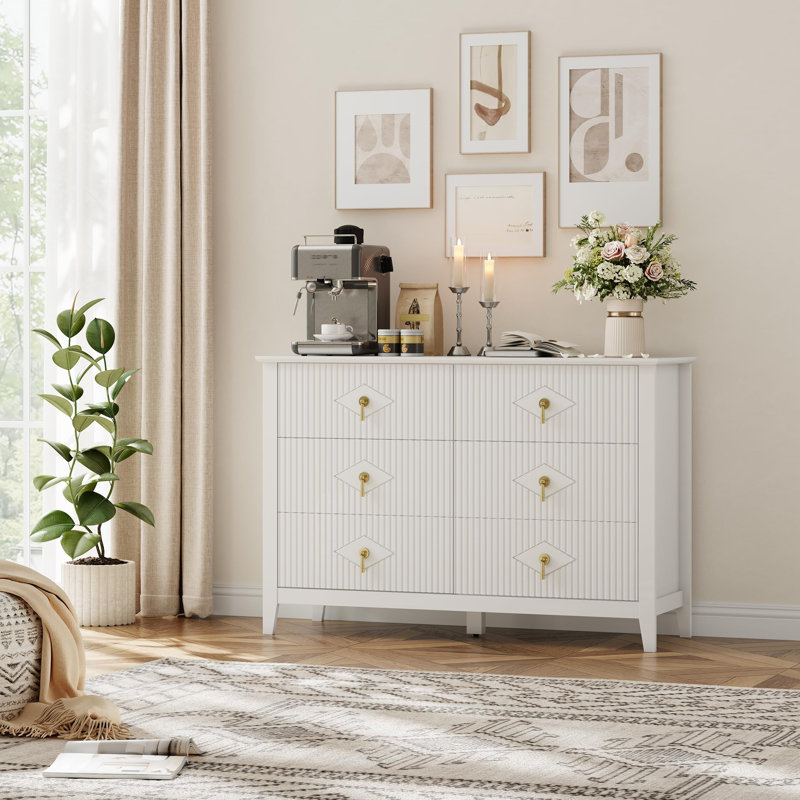 48" Wide 6 Drawer Dresser for Bedroom, Modern Wood Chest of Drawers with Metal Handles Storage Organizer, White