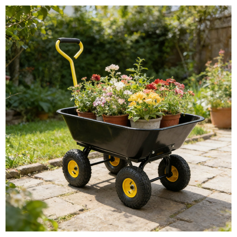 Chariot de jardin robuste à 4 roues avec pneus pneumatiques - Camion à benne basculante pliable en acier poly pour travaux extérieurs