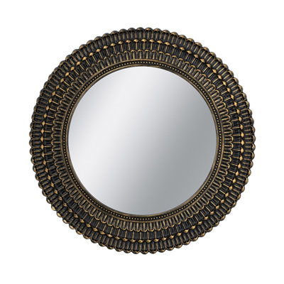 D26.5" Round Black And Gold Wooden Accent Mirror With Woven Texture