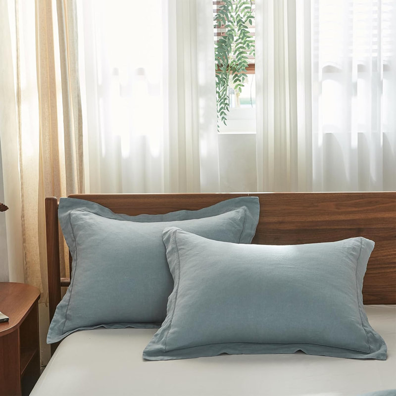 100% French Linen Pillowcase Set Of 2, Pure Flax Pillow Covers With Embroidered, Queen Pillowcase, Dusty Blue