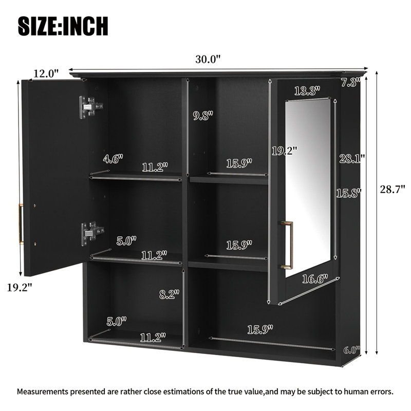 Armoire de toilette murale 30 po 2 en 1 avec tablettes réglables, Noir