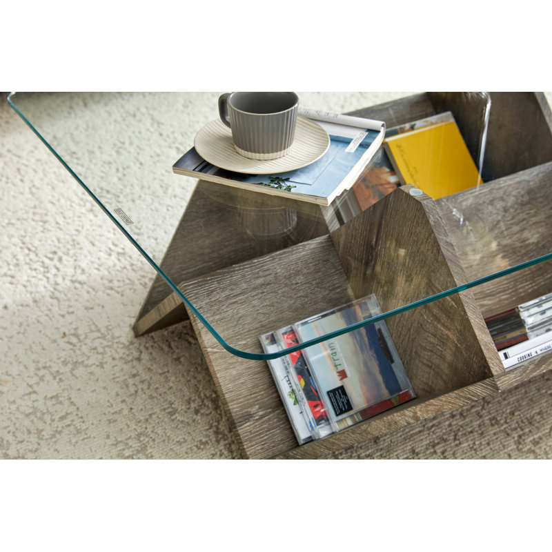 Table basse moderne 43,5 "avec plateau en verre avec base en bois pour salon, appartement, bureau, gris, Gris