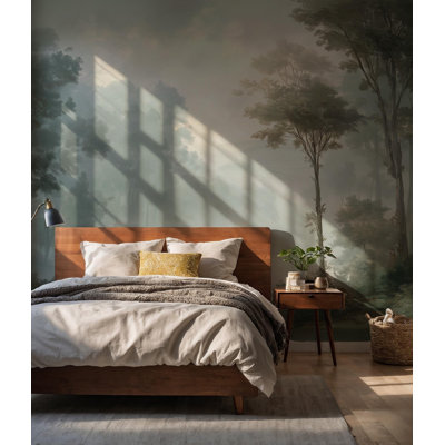 Murale Misty Forest Lake | Papier peint paysage vert sauge | Non tissé ou pelez et collez