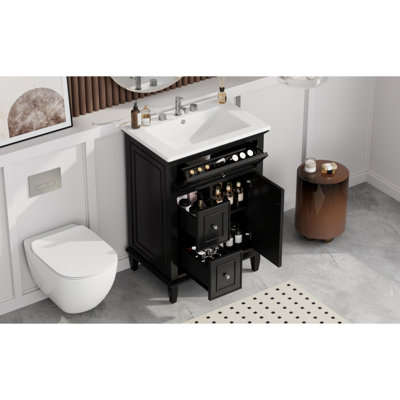Meuble-lavabo 24 po avec lavabo, meuble-lavabo avec un tiroir rabattable et deux tiroirs, tablette réglable, bois massif et panneau de fibres à densité moyenne, noir (ancien SKU: N759P252821B)