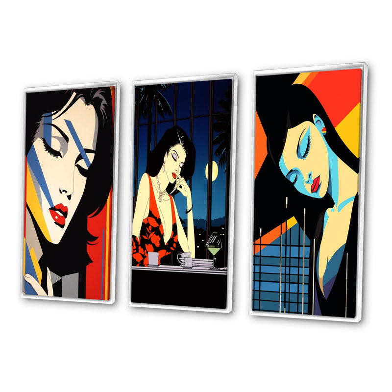 «Retro Woman Portrait Pop Art», 3 pièces sur toile, Cadre blanc, H 28 po x l 36 po