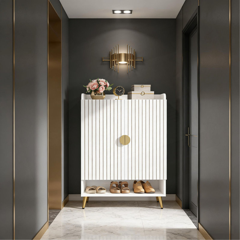 Spacious Shoe Storage Organizer,Modern Style Shoe Cabinet, Gold, White