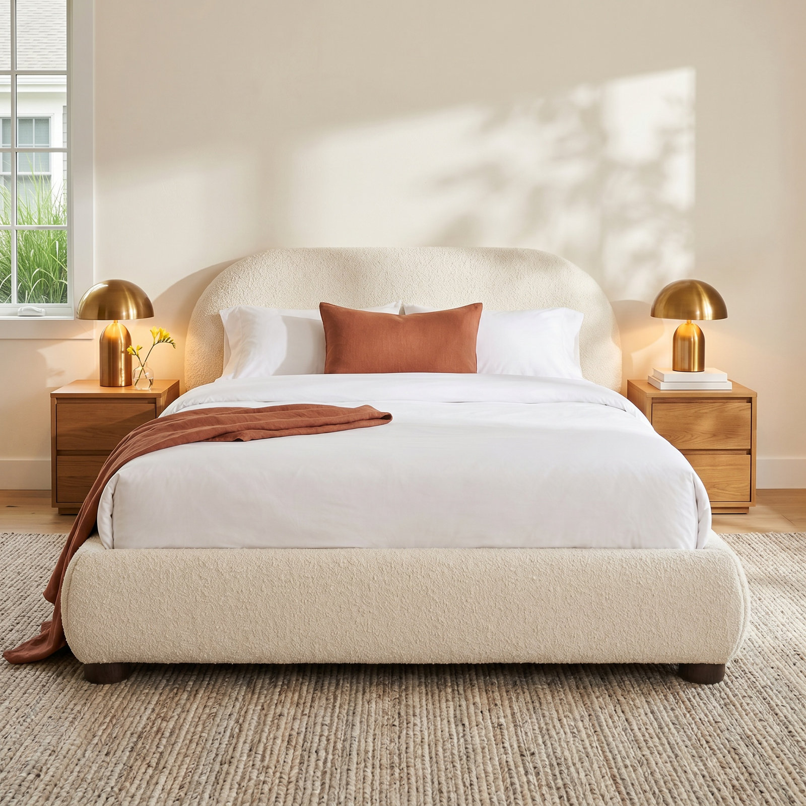Tesso Velvet Upholstered Bed, Cream, Queen