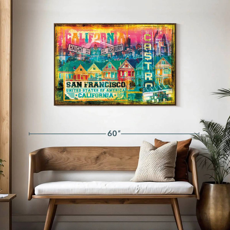 Banlieue de San Francisco, grunge, 43 po x 29 po, Cadre flottant noyer