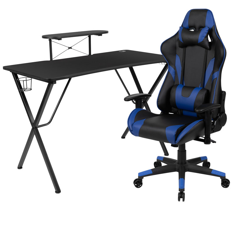Bridesdale Gaming Desk & Chair Set with Cup Holder, Headphone Hook, and Monitor Stand, Black/Blue