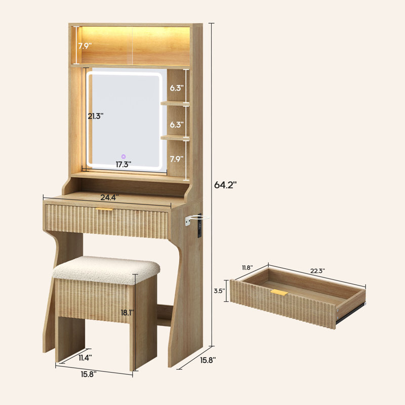 Fluted Makeup Vanity Desk With Mirror And Lights,Sound Sync LED Lights, Small Vanity Desk Fluted Makeup Vanity Table Set with Chair, Storage Drawer, Shelves, Bedroom,Modern Dressing Table For Bedroom