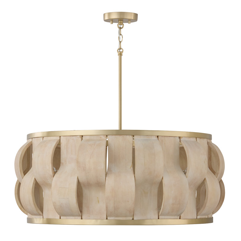 32" W x 13.5" H 6-Light Handcrafted Drum Pendant in Matte Brass with Hand-carved Bleached Mango Wood Panels, 32"W x 13.5"H