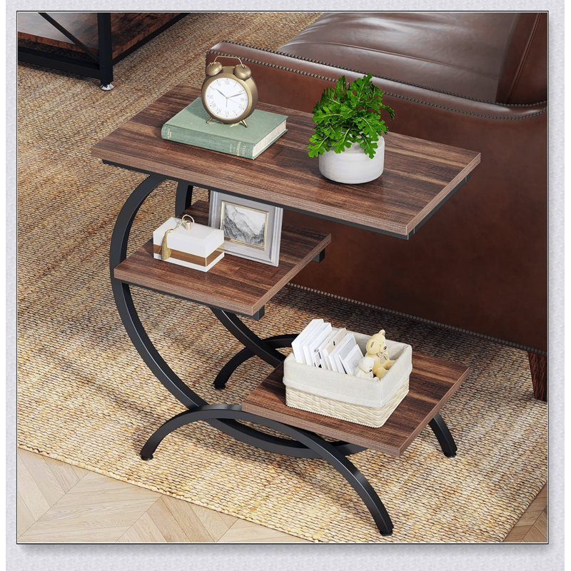 Table de bout en forme de C 11,81 pouces, table d'appoint industrielle à 3 niveaux avec tablettes de rangement, parfaite pour les petits espaces et les décors modernes