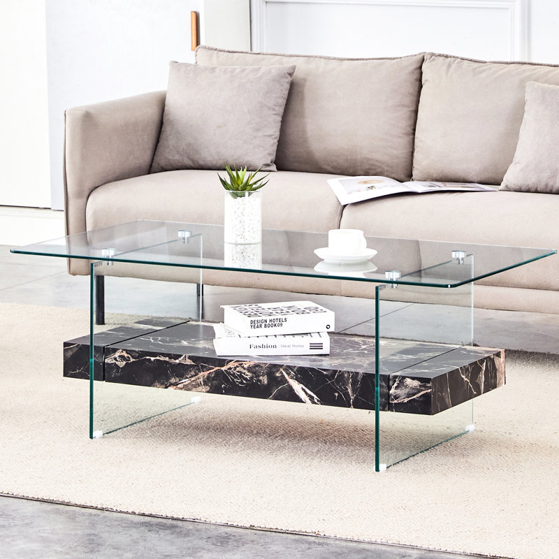 Modern 43.3" Coffee Table, Clear Glass & Black Marble, Abundant Storage Options, Transparent Stable Legs 43.3 Inch, Marble Appearance, Glass, Practical