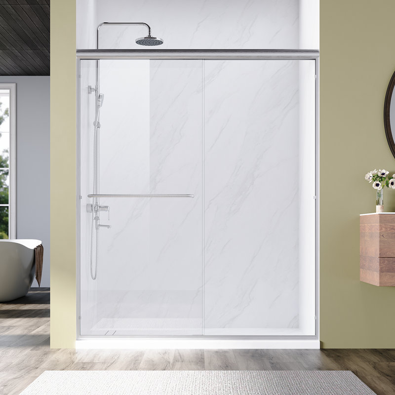  Porte de douche réversible double coulissante avec verre trempé transparent de 6 mm de largeur, l 60 po x H 72 po, Clair