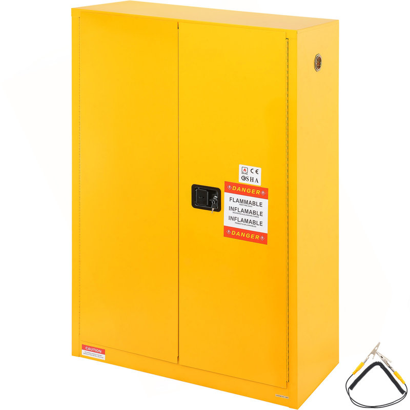 Armoire de sécurité pour liquides inflammables en acier laminé à froid 45 gallons, antidéflagrant 42,9 x 18,1 x 65,2 po avec 2 tablettes réglables et 2 portes manuelles à usage industriel, jaune