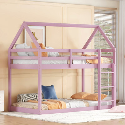 Twin Over Twin Rubber Wood Floor Bunk Bed, With Ladder,Guardrails,House-Shaped-Bunk Bed