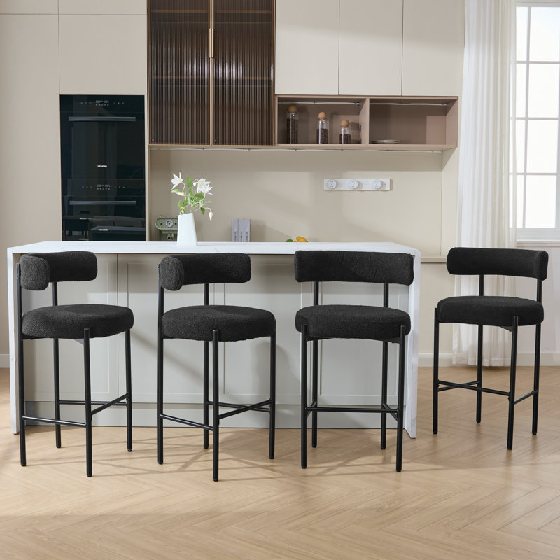 30" Bouclé Upholstered Bar Stool with Curved Low Back and Metal Frame, Black, 4