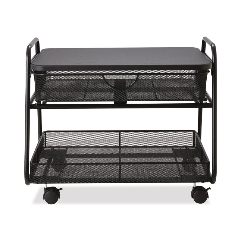 Sleek Black Steel Under-Desk Rolling Stand with Storage Basket & Drawer