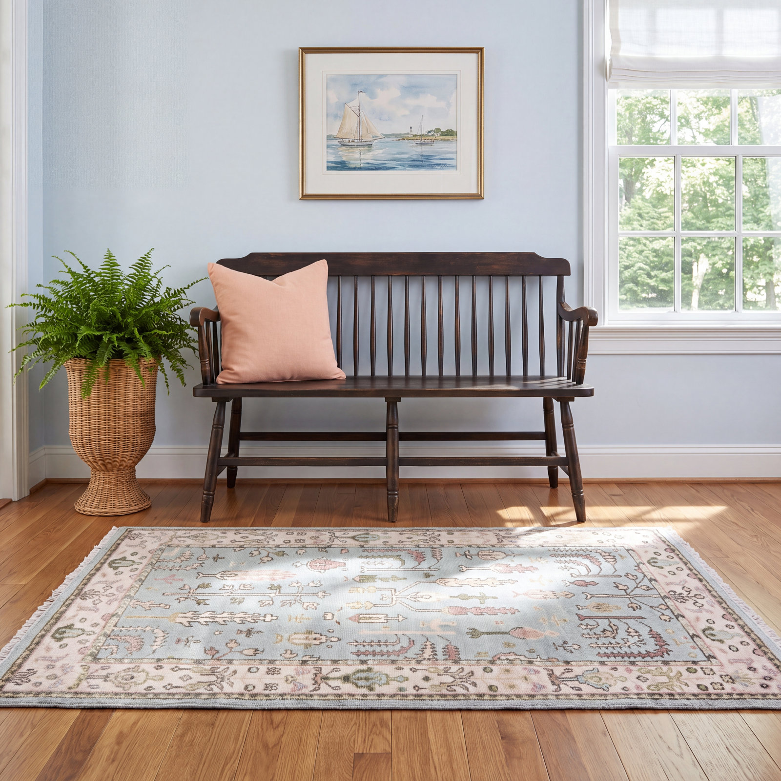 Athens Sky Hand Knotted Wool Rug, Rectangle 5' x 8'