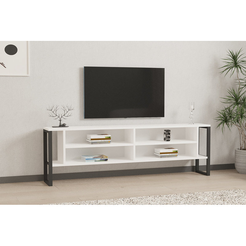 Modern TV Stand with Numerous Shelves, White, 63.0 x 19.8 x 19.5 inches | 100% Melamine Coated Particle Board, Thickness: 0.7 inches | Stylish Design with Additional Storage for Living Room & Entertainment Areas