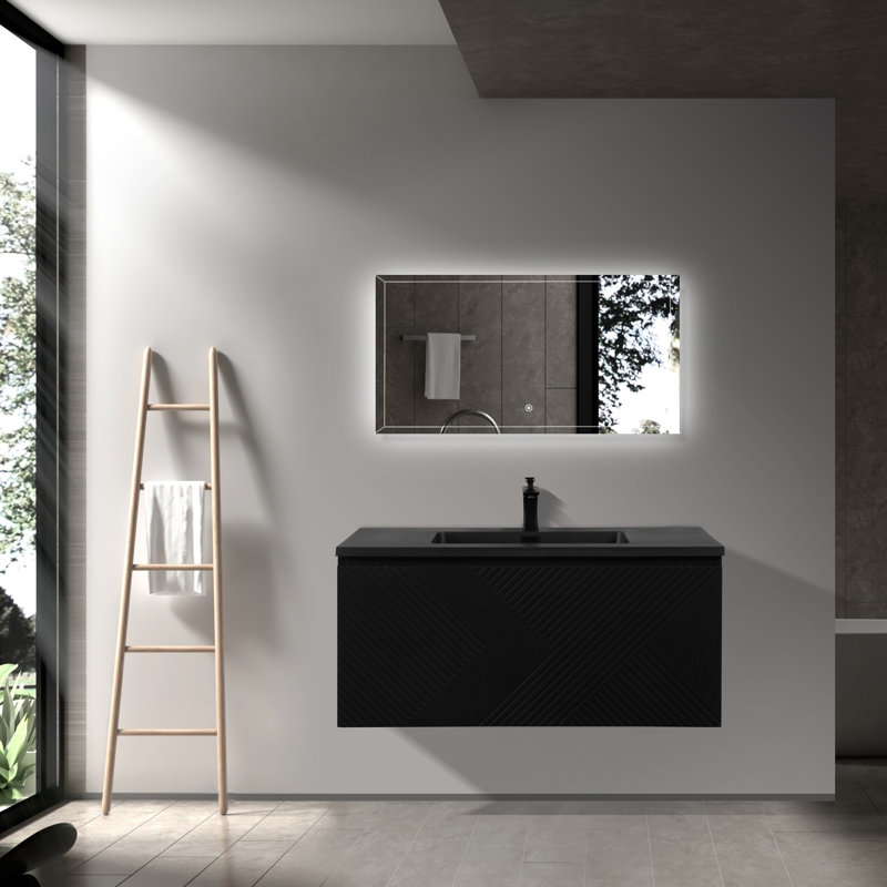 Chontell 40 po L x 19 po P 2 tiroirs Meuble-lavabo avec évier simple et Comptoir en Quartz noir, Noir