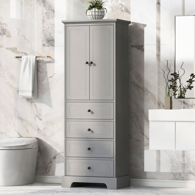 Armoire de rangement avec 2 portes et 4 tiroirs pour salle de bain, bureau, tablette réglable, panneau de fibres à densité moyenne avec finition peinte