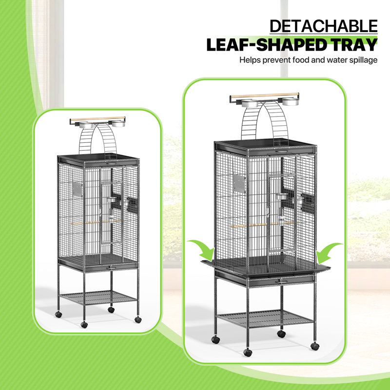 Black 61" Wrought Iron Play Top Bird Cage with Stand