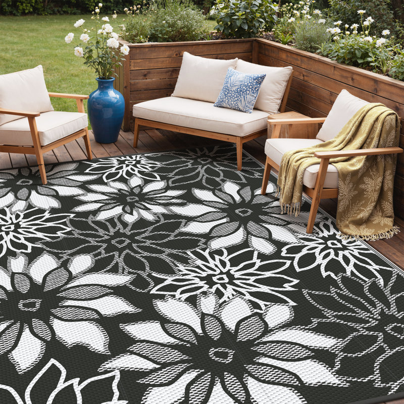 Tapis d'extérieur réversible Shimeek, tapis d'extérieur imperméable en plastique, Rectangle de 5 pi x 8 pi,  Noir / blanc