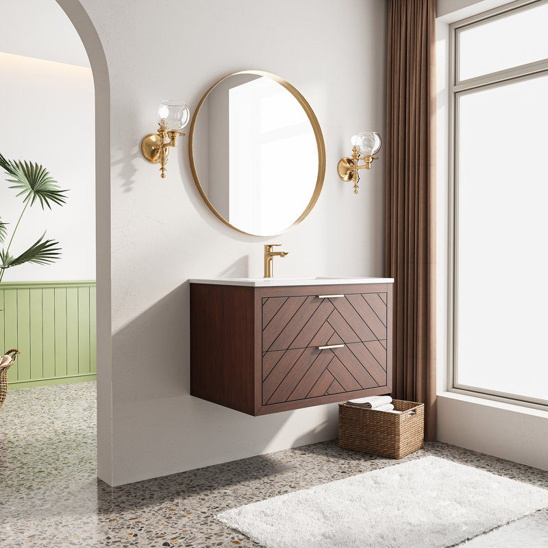 Meuble-lavabo flottant 30 po avec lavabo en céramique intégré, Noyer, 30"