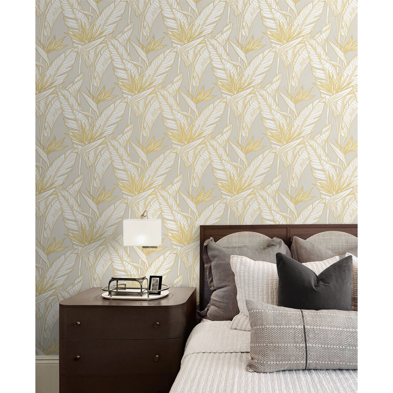 The Sojourn Floral Vinyl Peel & Stick Metallic Wallpaper Roll, Gray/Metallic Gold