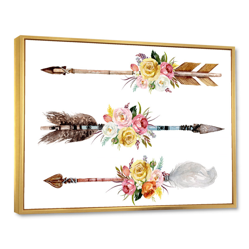 Plumes et fleurs sur des flèches indigènes II - peinture sur toile, H 16 po x l 32 po x p 1 po, Cadre flottant doré
