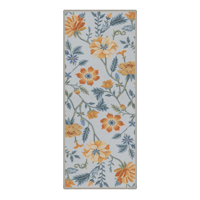 Eden Floral Alabaster Machine Washable Blue / Gold Non-Slip Area Rug