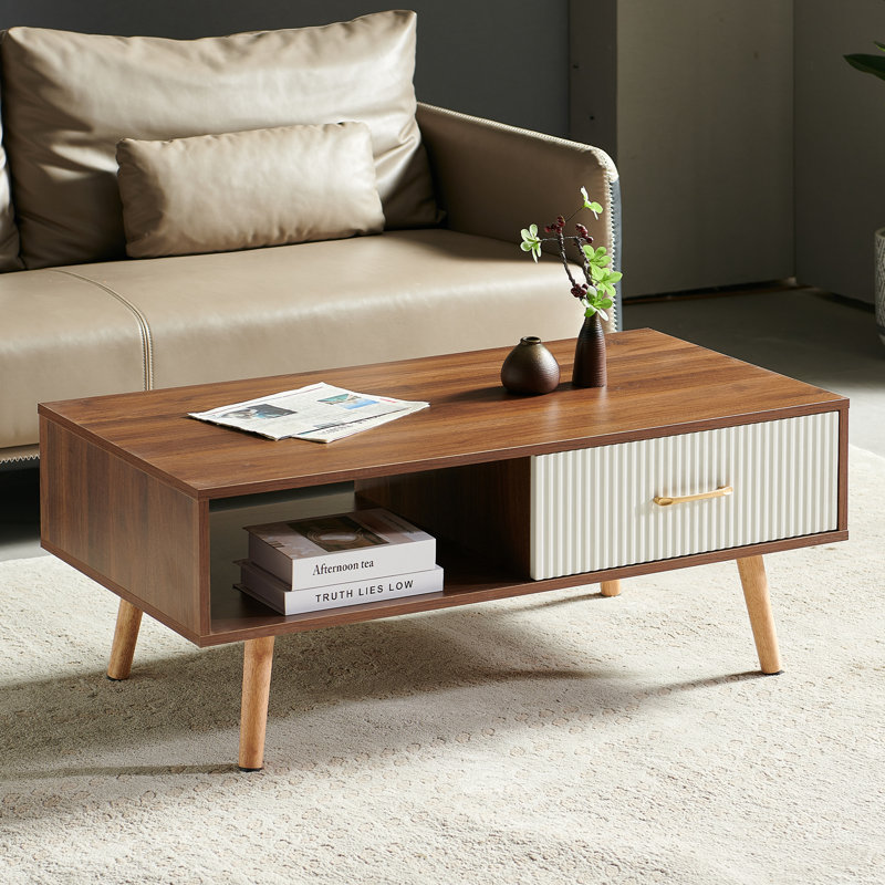 Table basse rectangulaire avec pieds en bois massif, Noyer/blanc