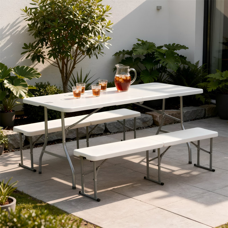 Harbour Housewares Folding Camping Picnic Table, Bench & Chair Set - 180cm (6ft), White