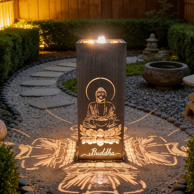 Indoor Outdoor Iron Water Fountain with LED Light. Iron Feature with Adjustable Pump, 6ft Cord, Zen Buddha Shadow Projection Fountain for Meditation, Yoga Room, and Spiritual Home Decor