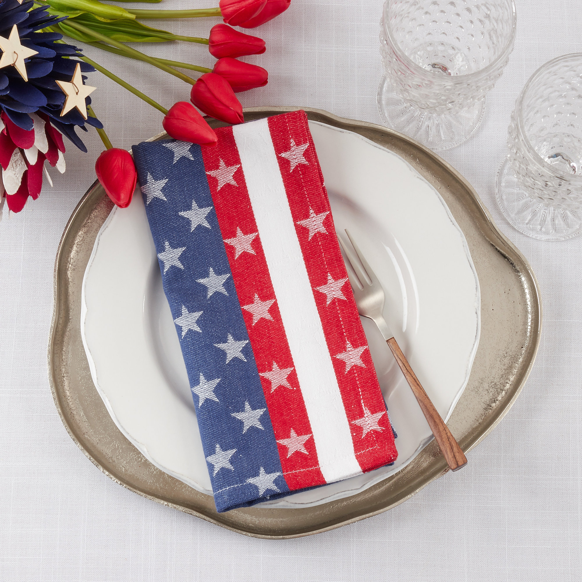 Navy Blue American Flag Design Stripe Star Cotton Cloth Napkins 20" W X 20" L, Set Of 4