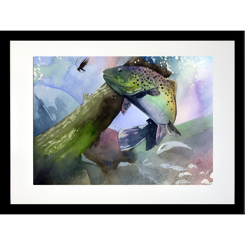 «Trout Fly», reproduction de peinture à l'aquarelle, H 20 po x l 24 po x P 1 po, Cadre photo noir, Blanc mat