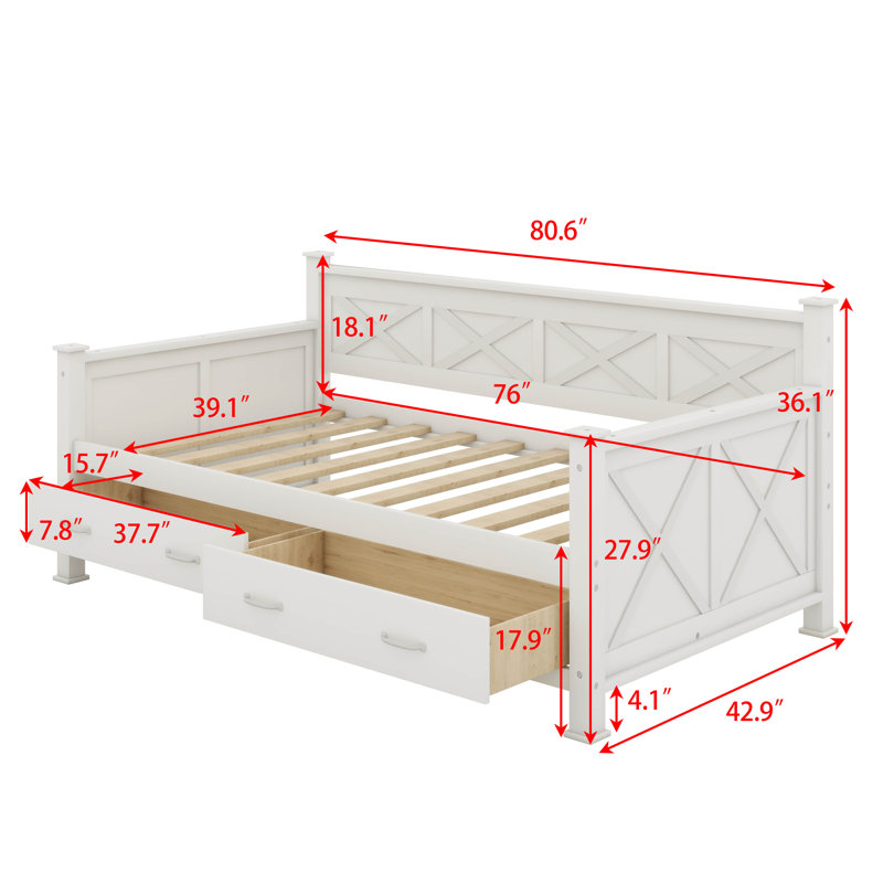 Twin Size Daybed With Storage Drawers, Wooden Daybed With X-Shaped Frame, Modern Rustic Casual Style, Cream White