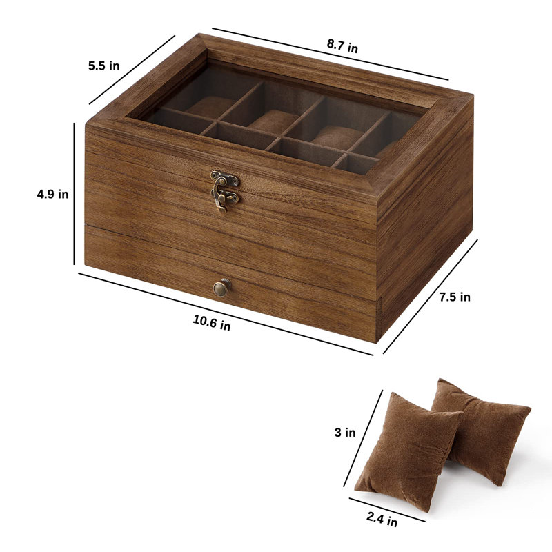 Rustic Walnut 2-Tier Wooden Watch Box with Glass Lid