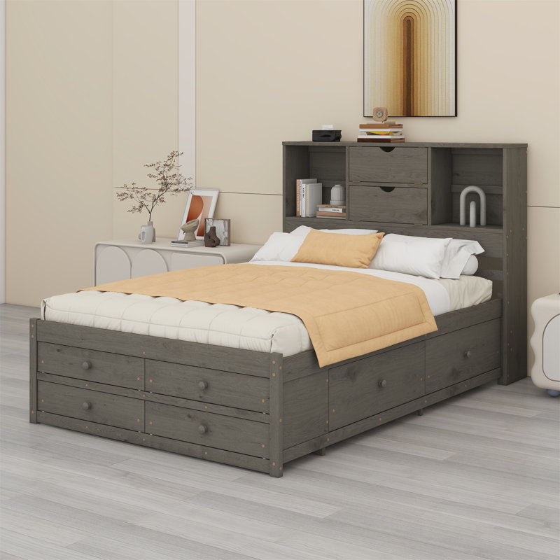 Lit plateforme avec tête de lit avec rangement et 8 tiroirs, Gris