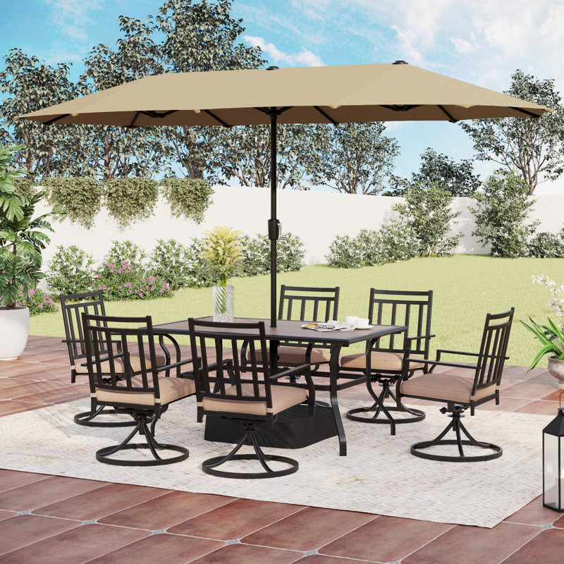 Ensemble de salle à manger de patio rectangulaire en métal pour 6 personnes avec parasol et coussins Alyah