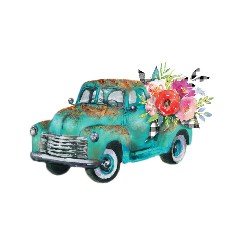 «Spring Turquoise Flower Truck» par Ephrazy Graphiques, peinture sur toile tendue, H 26 po x l 40 po x 1,5 po