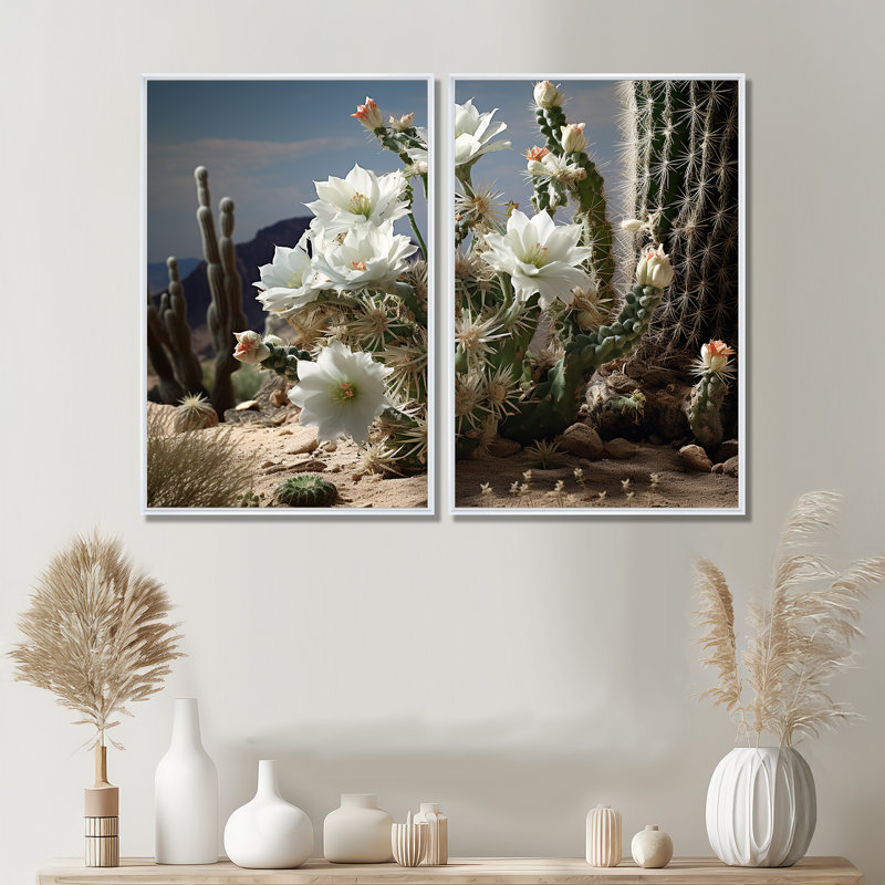 Blanc blanc vert cactus du désert - impressions sur toile blanches, Impression encadrée flottante, 36" H x 48" W, White