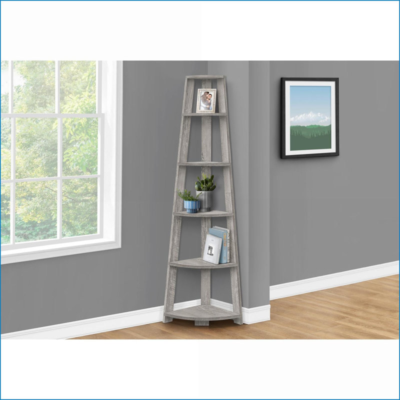 Bookshelf 5-Tier Corner Etagere | 71"H Contemporary | Slate Gray | Particle Board, Gray