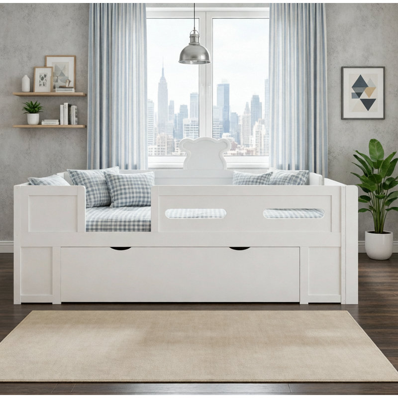 Lit plateforme en bois avec garde-corps et tiroir, Lit simple, Blanc