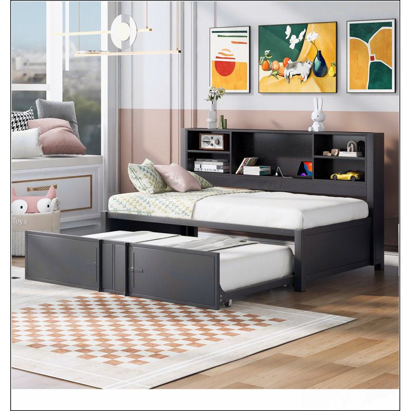 Metal Daybed With Trundle, Storage Shelves And USB Ports, Black